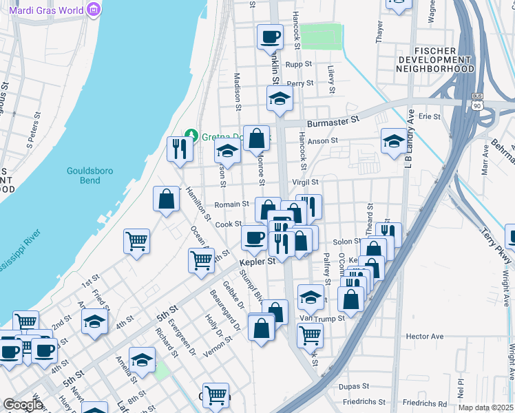 map of restaurants, bars, coffee shops, grocery stores, and more near 628 Romain Street in Gretna