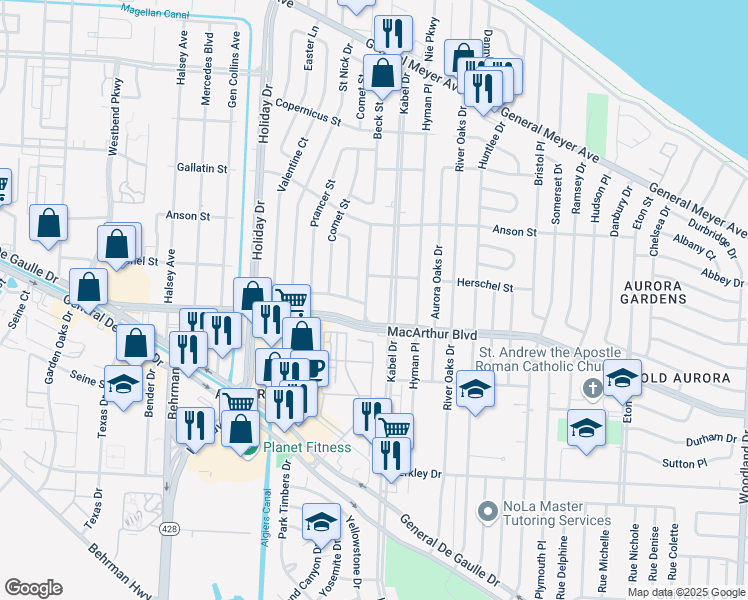 map of restaurants, bars, coffee shops, grocery stores, and more near 2734 Cupid Street in New Orleans