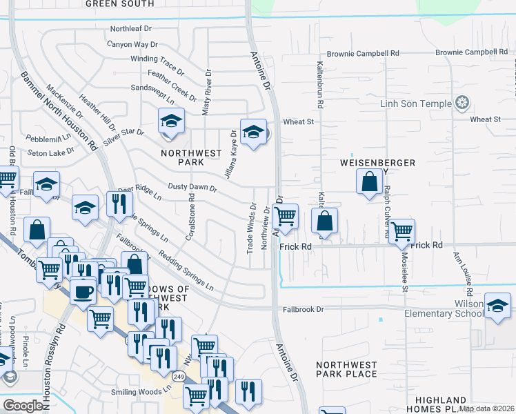 map of restaurants, bars, coffee shops, grocery stores, and more near 10214 Trade Winds Drive in Houston