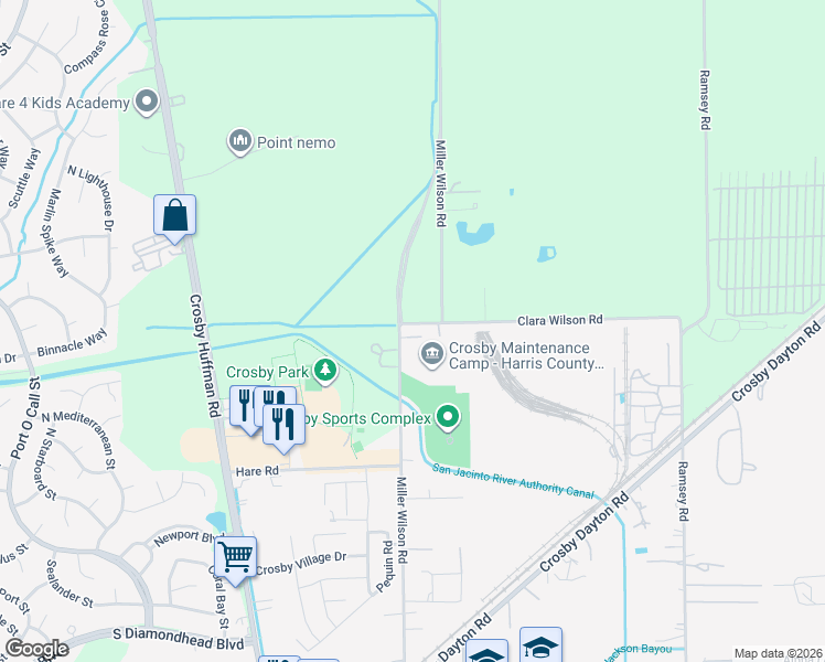 map of restaurants, bars, coffee shops, grocery stores, and more near 6830 Miller Wilson Road in Crosby
