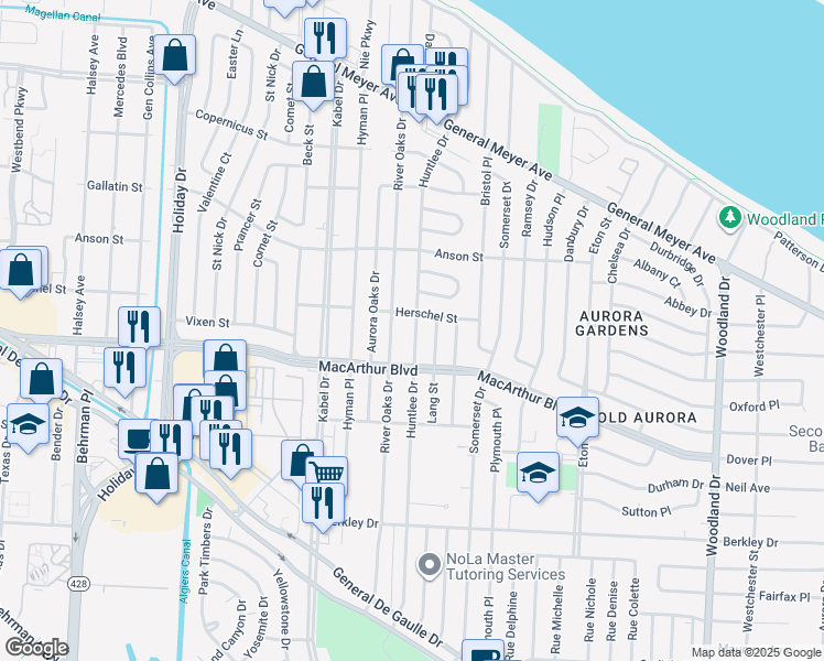 map of restaurants, bars, coffee shops, grocery stores, and more near 613 Huntlee Drive in New Orleans