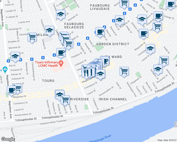 map of restaurants, bars, coffee shops, grocery stores, and more near 1200 Harmony Street in New Orleans