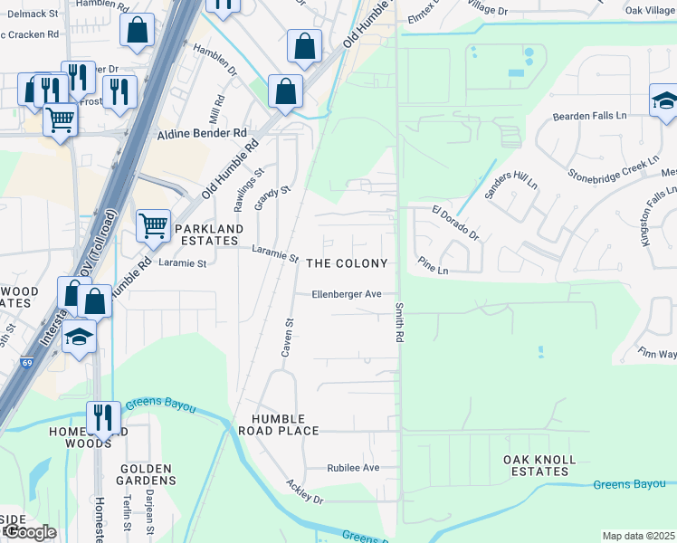 map of restaurants, bars, coffee shops, grocery stores, and more near 6602 Colony Ln in Humble