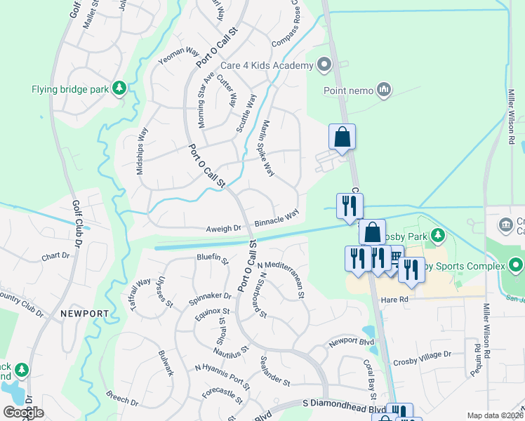 map of restaurants, bars, coffee shops, grocery stores, and more near 407 Ahoy Court in Crosby