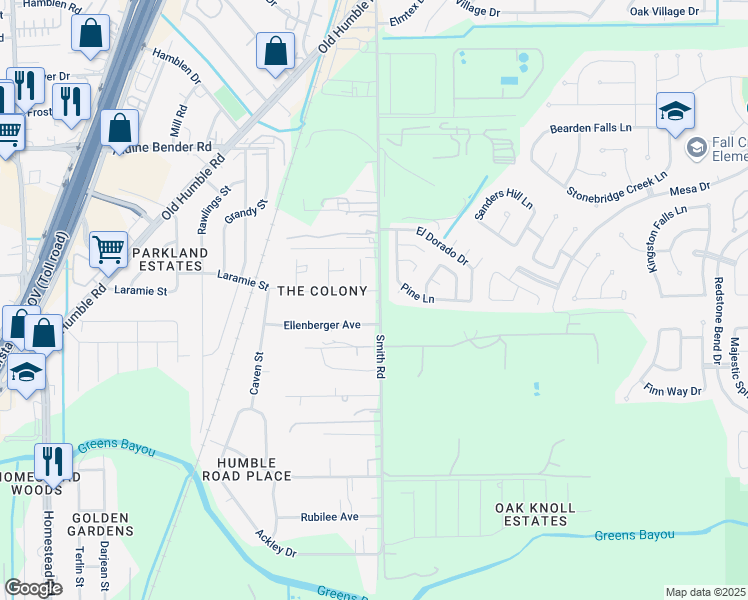 map of restaurants, bars, coffee shops, grocery stores, and more near 6718 Colony Ln in Humble