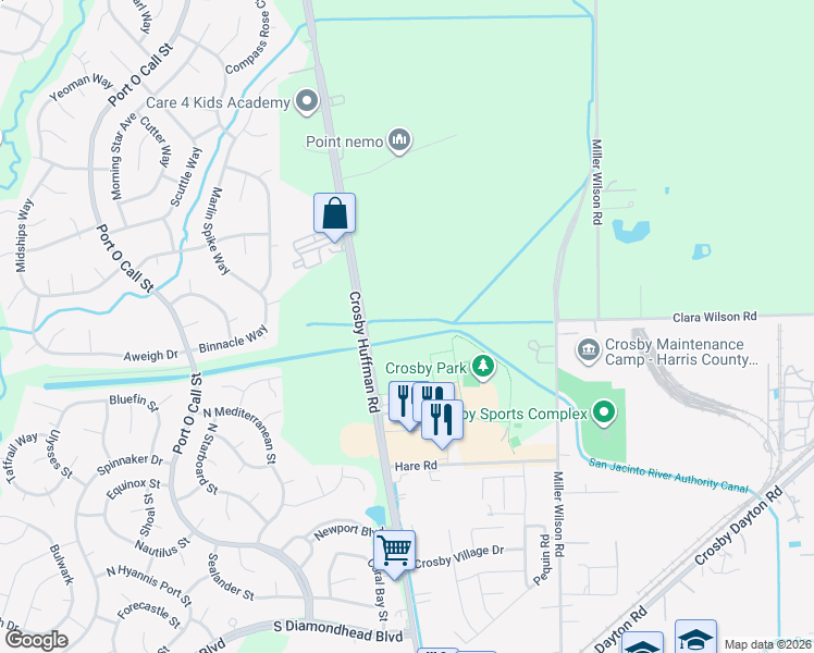 map of restaurants, bars, coffee shops, grocery stores, and more near 16906 Farm to Market 2100 in Crosby