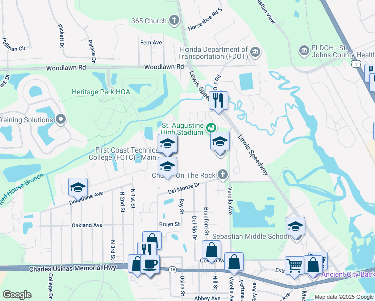 map of restaurants, bars, coffee shops, grocery stores, and more near 3205 Varella Avenue in St. Augustine