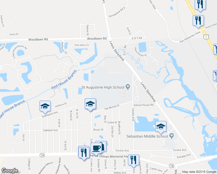 map of restaurants, bars, coffee shops, grocery stores, and more near 3205 Varella Avenue in Saint Augustine
