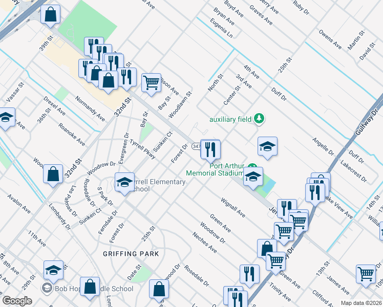 map of restaurants, bars, coffee shops, grocery stores, and more near 2720 Bernhardt Drive in Port Arthur