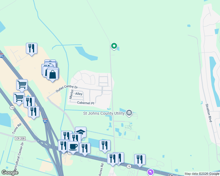 map of restaurants, bars, coffee shops, grocery stores, and more near 265 East Pisa Place in St. Augustine