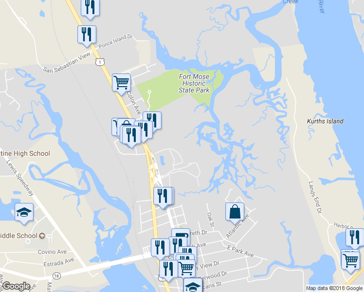 map of restaurants, bars, coffee shops, grocery stores, and more near 1035 Grande Vista Boulevard in St. Augustine