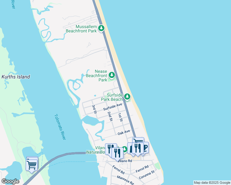 map of restaurants, bars, coffee shops, grocery stores, and more near 3113 Coastal Highway in St. Augustine