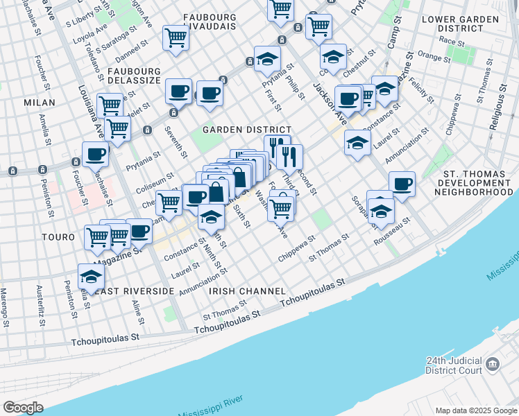 map of restaurants, bars, coffee shops, grocery stores, and more near 2824 Constance Street in New Orleans