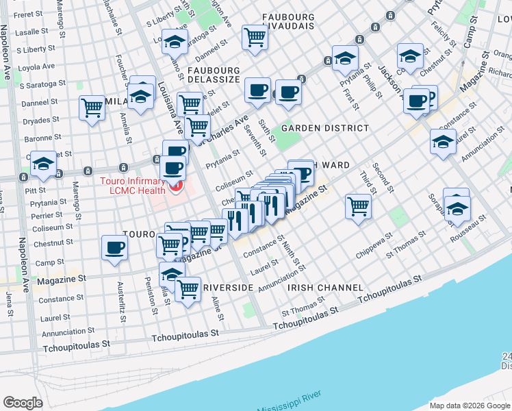 map of restaurants, bars, coffee shops, grocery stores, and more near 1200 Harmony Street in New Orleans