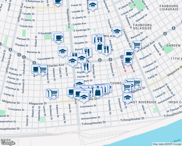 map of restaurants, bars, coffee shops, grocery stores, and more near 4124 Prytania Street in New Orleans