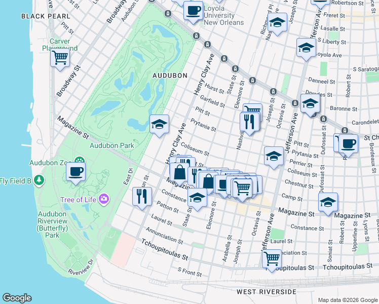 map of restaurants, bars, coffee shops, grocery stores, and more near 6034 Coliseum Street in New Orleans