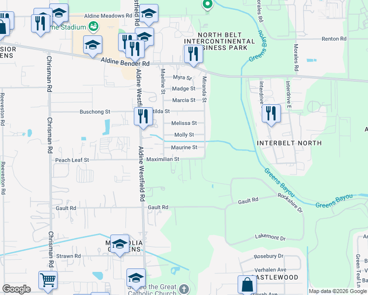 map of restaurants, bars, coffee shops, grocery stores, and more near 2207 Maurine Street in Houston