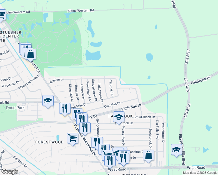 map of restaurants, bars, coffee shops, grocery stores, and more near 10534 Summerbrook Drive in Houston