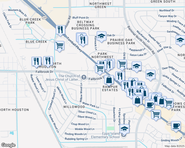map of restaurants, bars, coffee shops, grocery stores, and more near 7610 Fallbrook Drive in Houston