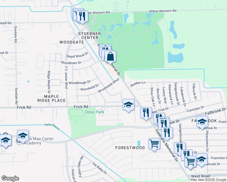 map of restaurants, bars, coffee shops, grocery stores, and more near 13103 Woodsdale Ct in Houston