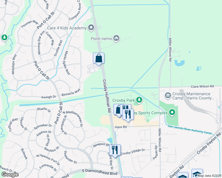 map of restaurants, bars, coffee shops, grocery stores, and more near 16906 Farm to Market 2100 in Crosby