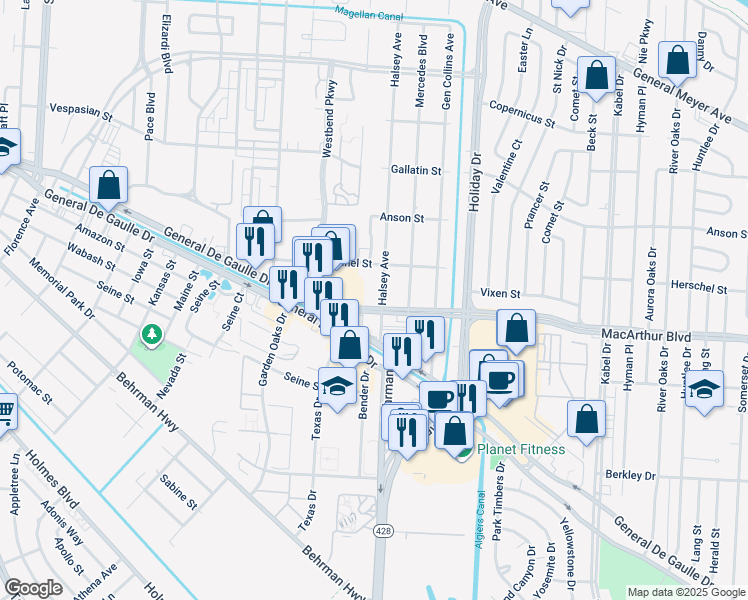 map of restaurants, bars, coffee shops, grocery stores, and more near 3730 Macarthur Boulevard in New Orleans