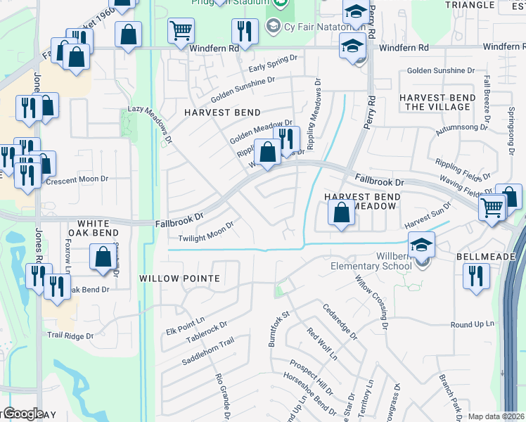 map of restaurants, bars, coffee shops, grocery stores, and more near 10826 Golden Grain Drive in Houston