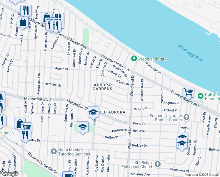 map of restaurants, bars, coffee shops, grocery stores, and more near 5650 Norland Avenue in New Orleans