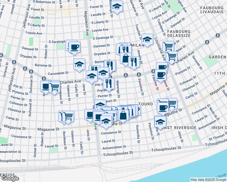 map of restaurants, bars, coffee shops, grocery stores, and more near 4124 Prytania Street in New Orleans