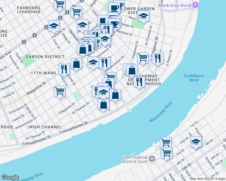 map of restaurants, bars, coffee shops, grocery stores, and more near 530 Jackson Avenue in New Orleans
