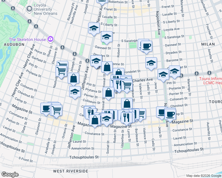map of restaurants, bars, coffee shops, grocery stores, and more near 1415 Soniat Street in New Orleans