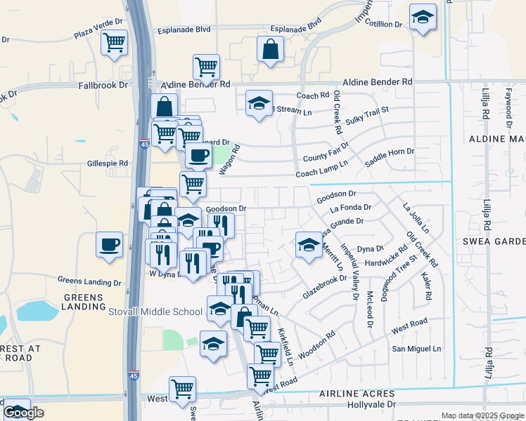 map of restaurants, bars, coffee shops, grocery stores, and more near 110 Goodson Drive in Houston