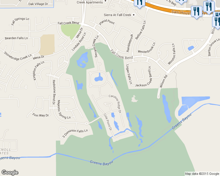 map of restaurants, bars, coffee shops, grocery stores, and more near 14203 Megans Falls Court in Humble