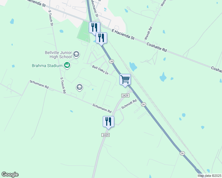 map of restaurants, bars, coffee shops, grocery stores, and more near 1588 Bell Oaks Dr in Bellville