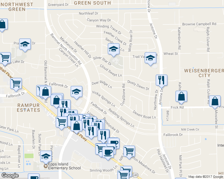 map of restaurants, bars, coffee shops, grocery stores, and more near 6831 Deer Ridge Lane in Houston