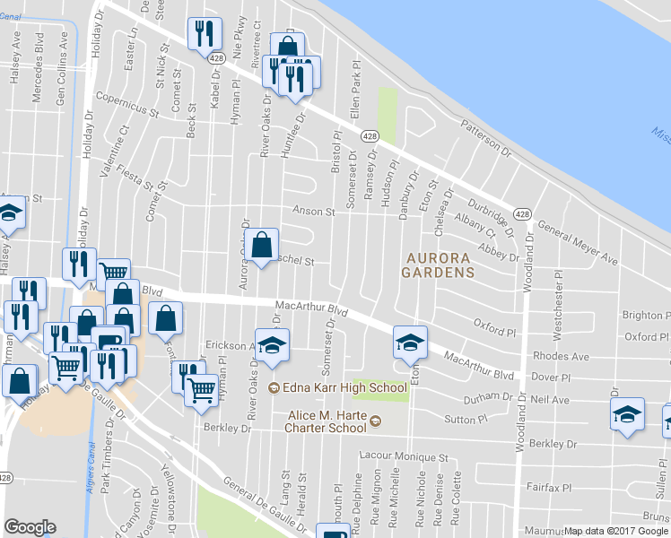 map of restaurants, bars, coffee shops, grocery stores, and more near 2810 Bristol Place in New Orleans