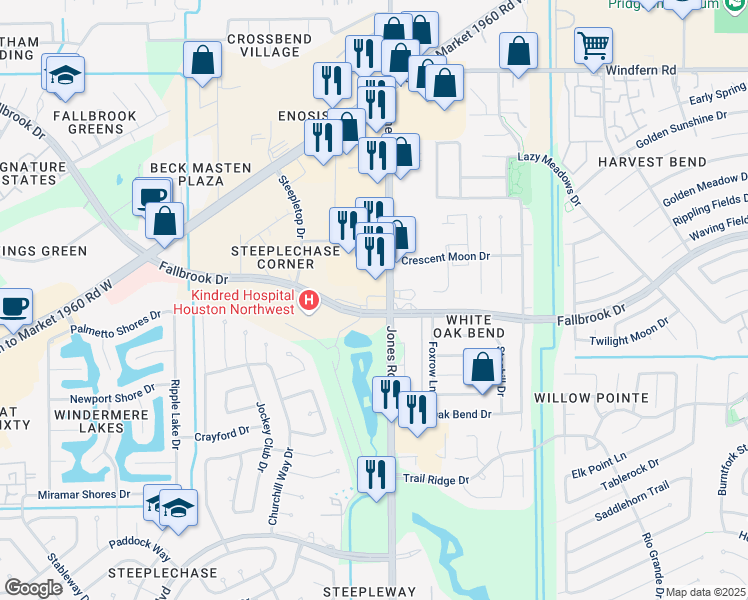 map of restaurants, bars, coffee shops, grocery stores, and more near 10505 Jones Road in Jersey Village