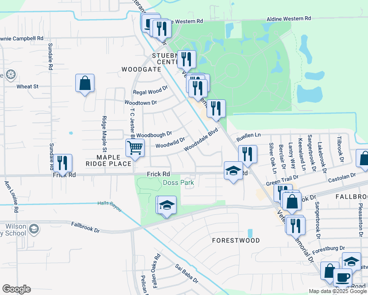 map of restaurants, bars, coffee shops, grocery stores, and more near 2418 Woodsdale Boulevard in Houston