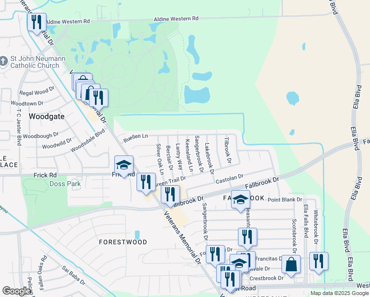 map of restaurants, bars, coffee shops, grocery stores, and more near 10551 Keeneland Lane in Houston