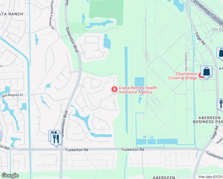 map of restaurants, bars, coffee shops, grocery stores, and more near 10423 Cobalt Falls Drive in Houston