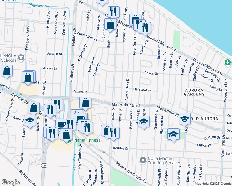 map of restaurants, bars, coffee shops, grocery stores, and more near 2826 Kabel Drive in New Orleans
