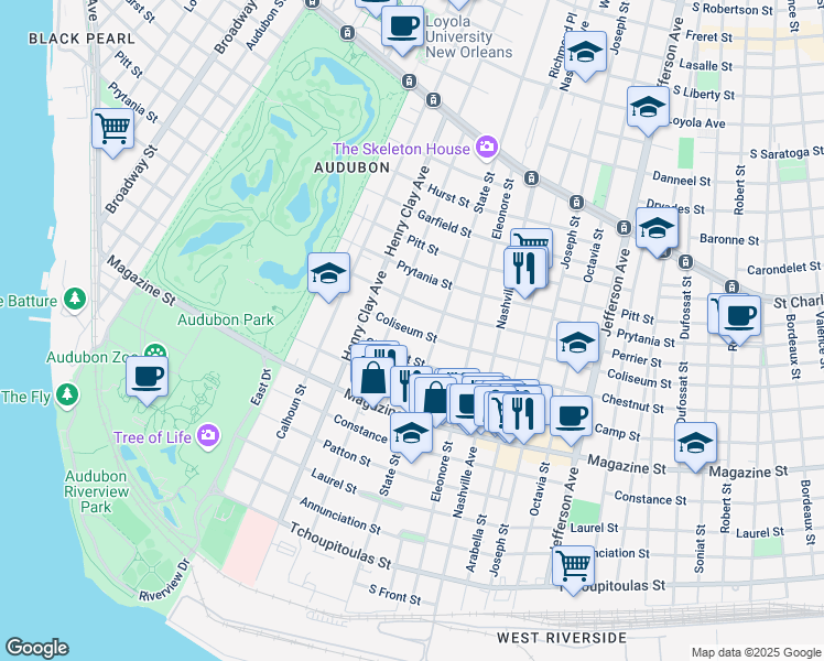 map of restaurants, bars, coffee shops, grocery stores, and more near 6034 Coliseum Street in New Orleans