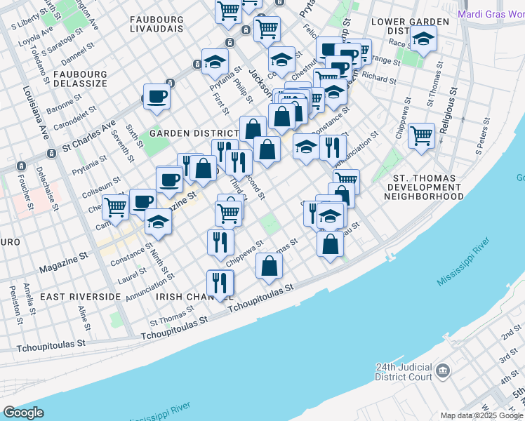 map of restaurants, bars, coffee shops, grocery stores, and more near 743 Second Street in New Orleans
