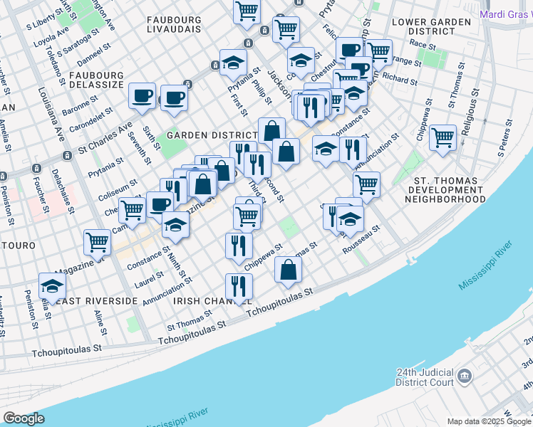 map of restaurants, bars, coffee shops, grocery stores, and more near 824 Third Street in New Orleans