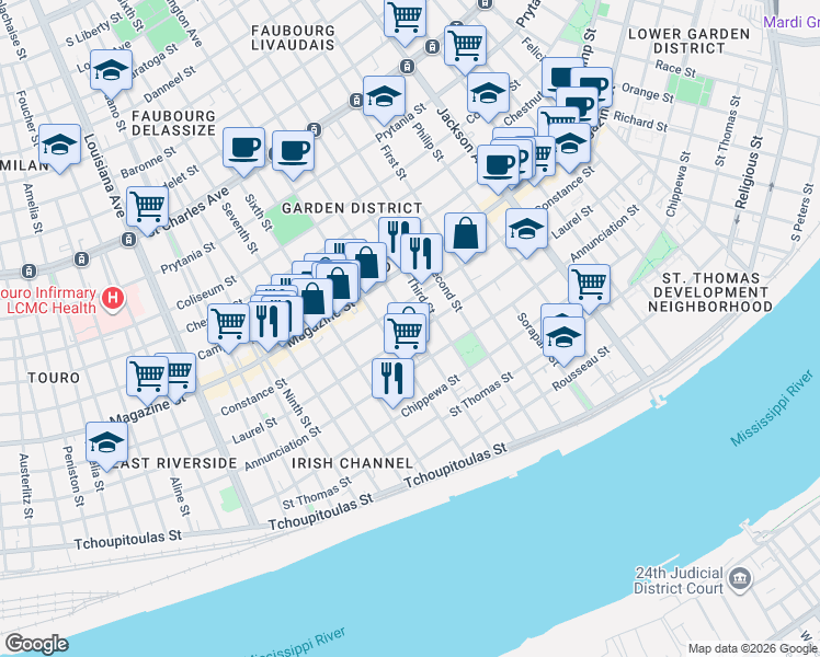 map of restaurants, bars, coffee shops, grocery stores, and more near 2717 Laurel Street in New Orleans