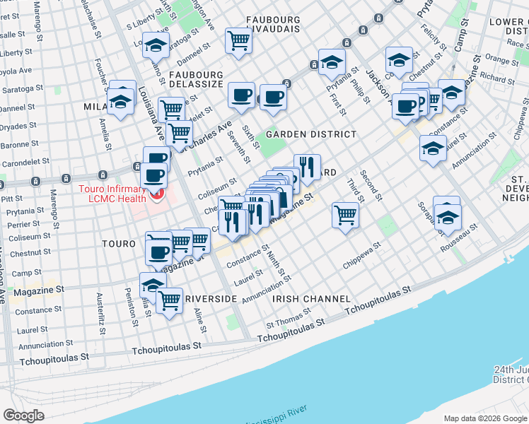 map of restaurants, bars, coffee shops, grocery stores, and more near 1117 Eighth Street in New Orleans