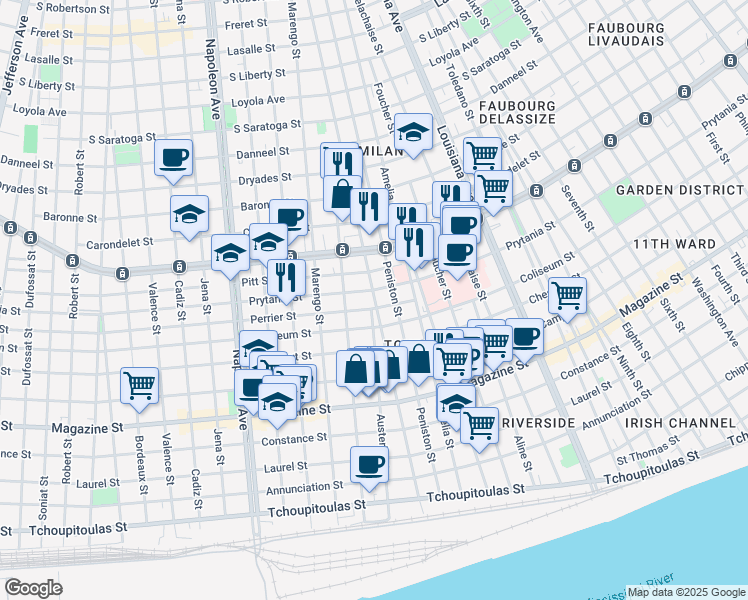 map of restaurants, bars, coffee shops, grocery stores, and more near 1308 General Taylor in New Orleans