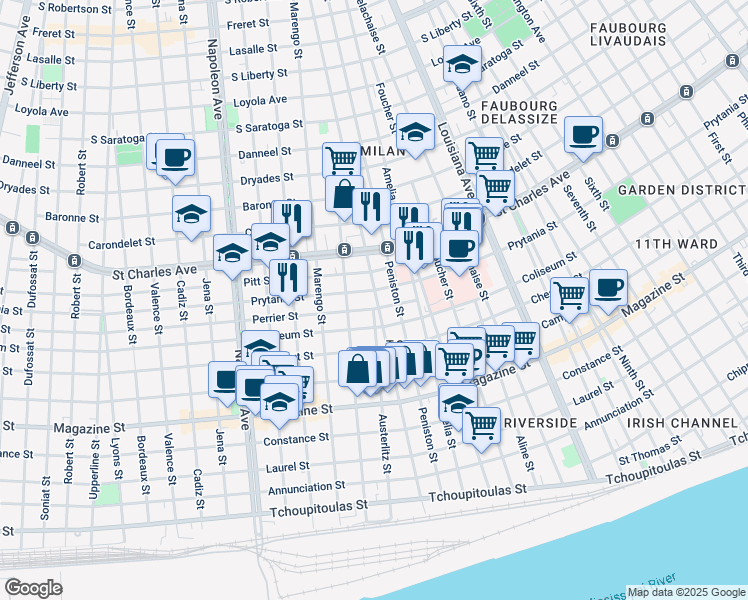 map of restaurants, bars, coffee shops, grocery stores, and more near 1308 General Taylor in New Orleans
