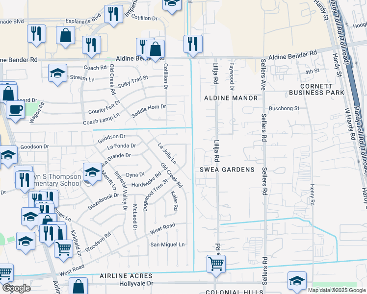 map of restaurants, bars, coffee shops, grocery stores, and more near 338 Casa Grande Drive in Houston