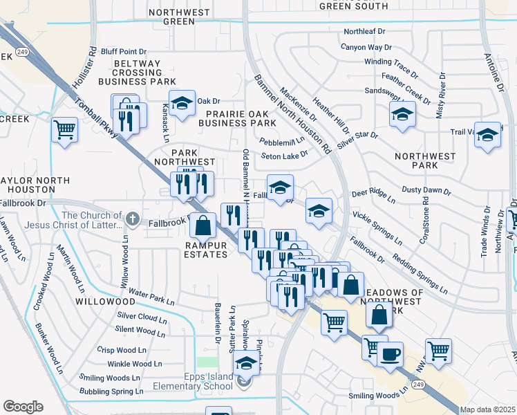 map of restaurants, bars, coffee shops, grocery stores, and more near 1105 Old Bammel N Houston Road in Houston